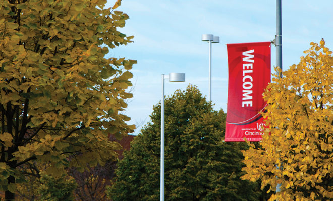 A "welcome" banner on the UCBA campus.