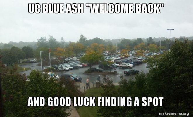 Full UCBA parking lot with the words "UCBA 'Welcome Back" and "Good Luck Finding a Space"
