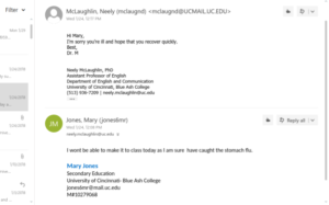 A photograph of an email exchange. 