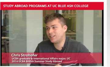 A student under a heading Study Abroad Programs at UC Blue Ash College