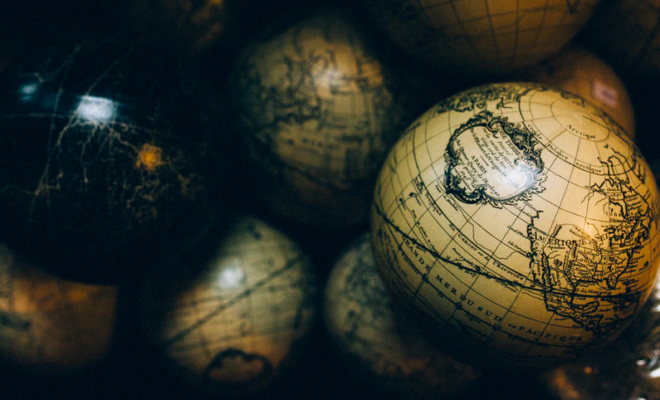 A photograph of a pile of globes